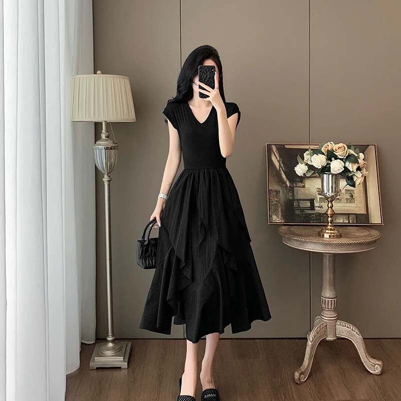 不规则裙夏季气质复古赫本风连衣裙长款长裙黑色裙子设计感小众