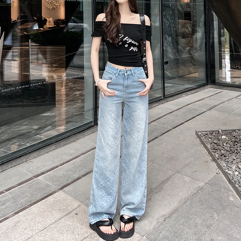 2025秋季新款高腰宽松显瘦星空纹提花阔腿裤设计感直筒小个子百搭