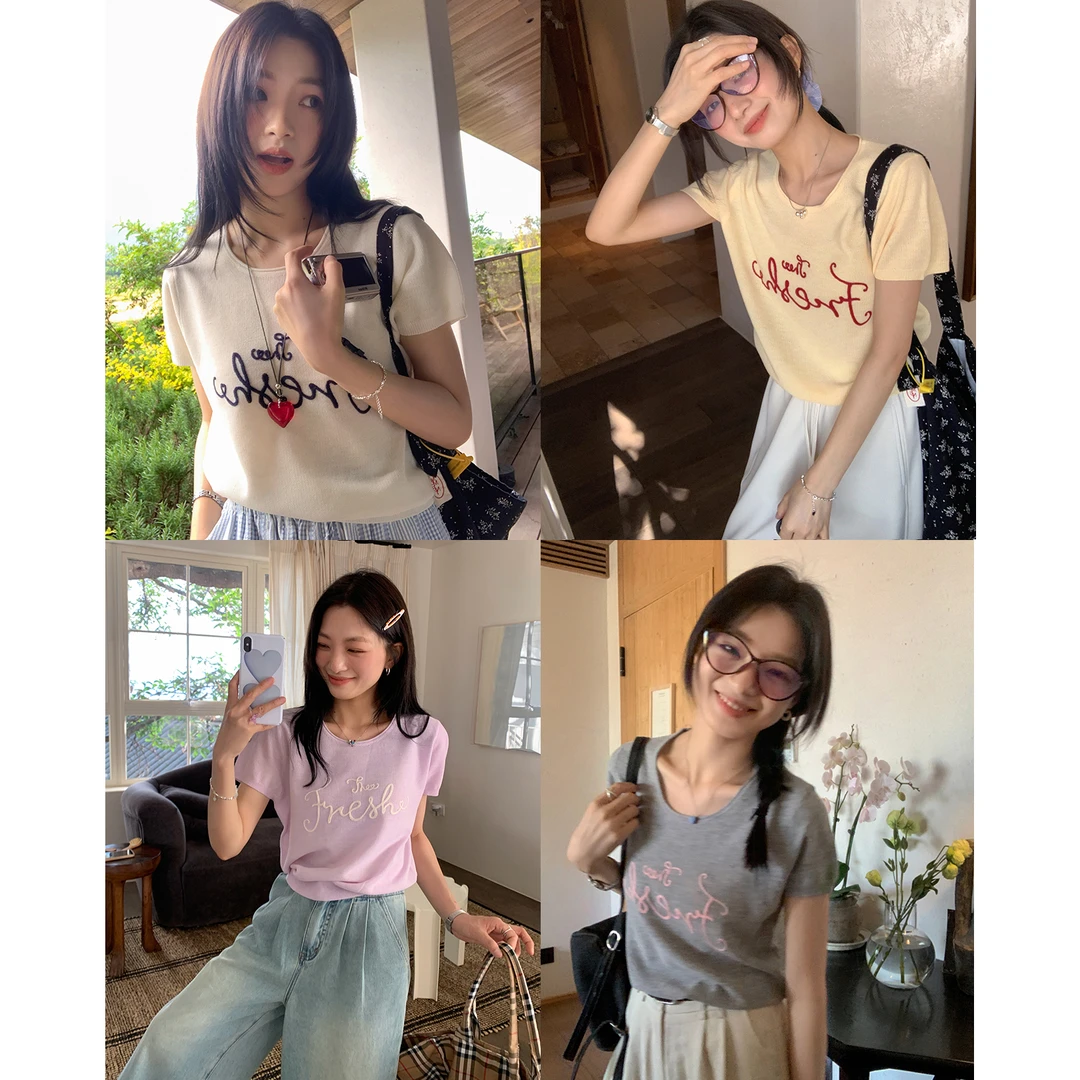 【西西里安】 休闲少女感~撞色立体刺绣轻薄针织短袖T恤