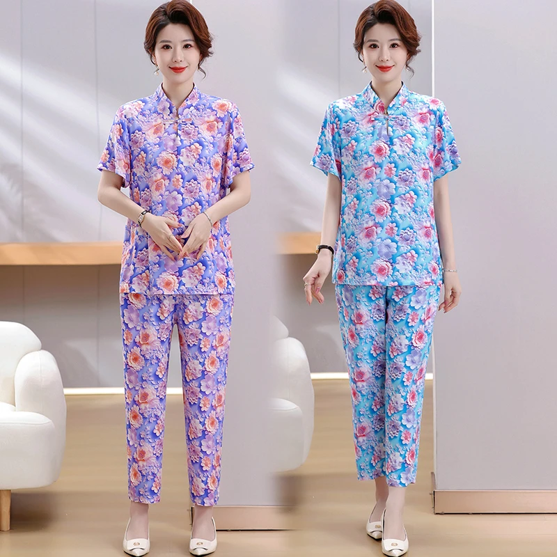 2025夏季中老年套装洋气时尚气质妈妈装短袖清爽两件套2
