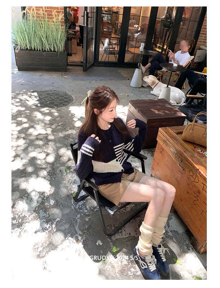 【航海日记】撞色毛织开衫秋季休闲短款针织外套女#8612