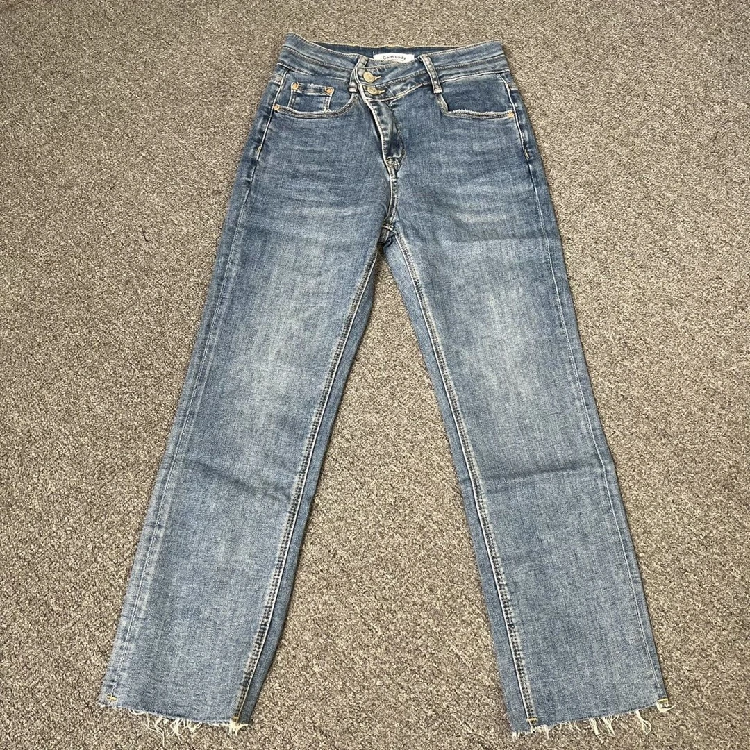 1537撤柜新款弹力直筒牛仔裤复古高腰显瘦毛边小个子九分烟管裤子