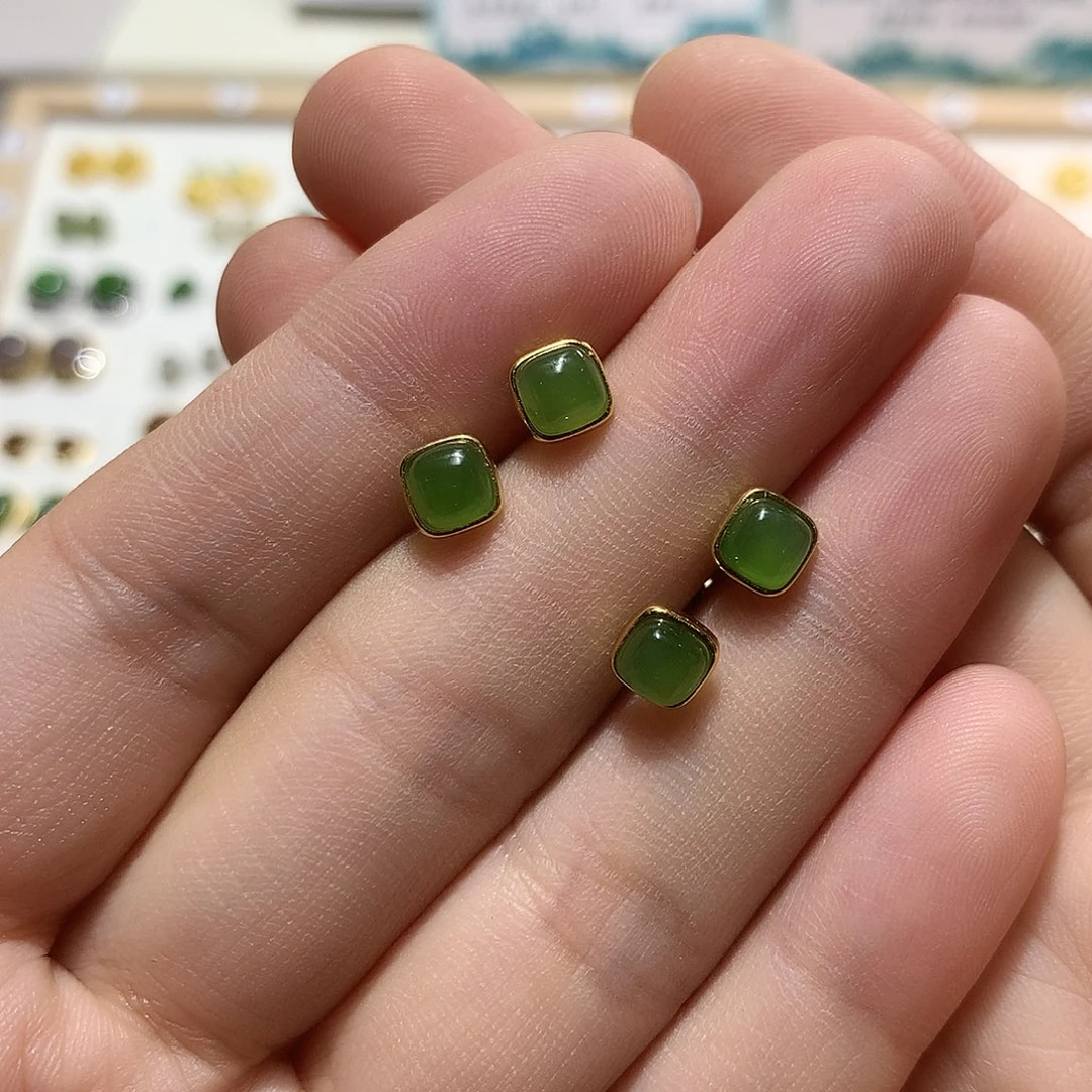 银S925镀金镶嵌和田玉（碧玉）耳饰
