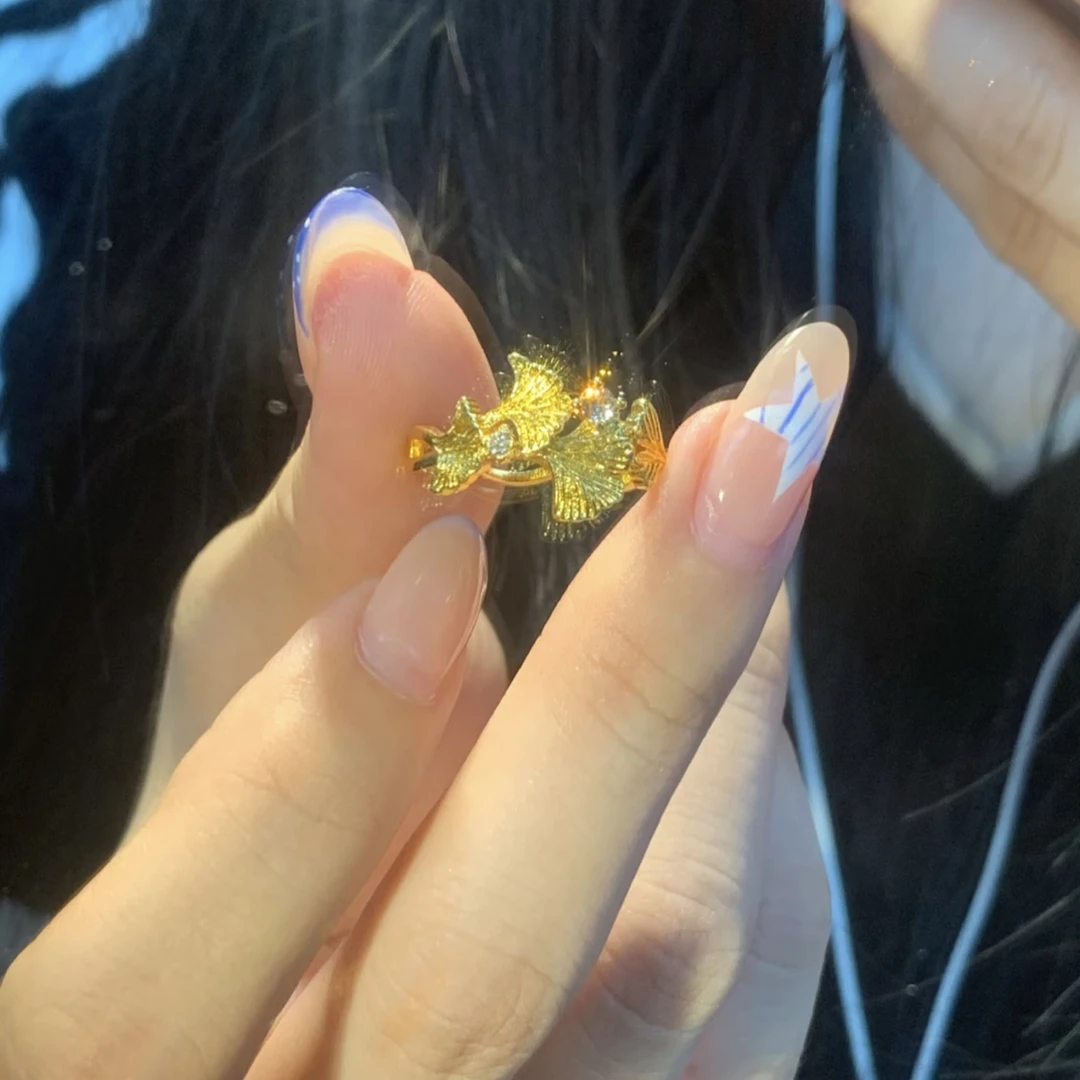 铜合金仿水晶戒指 铜合金Dlzea三生有杏镶钻银杏叶戒指首饰小众06