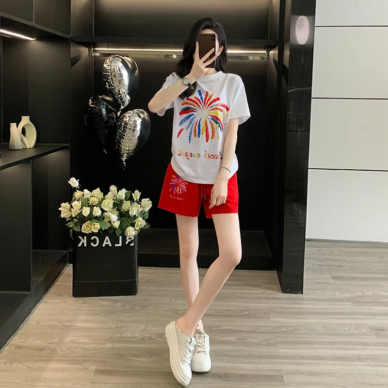 印花字母休闲运动套装女2025新款夏季时尚洋气减龄短袖短裤两件套