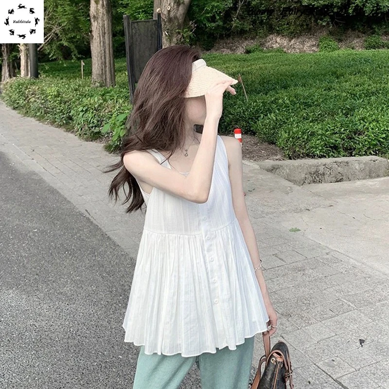 纯欲无袖白色吊带背心上衣女宽松甜美气质设计感小衫2025夏季新款