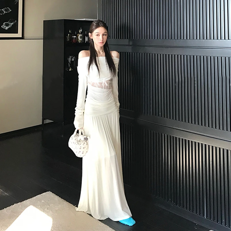 一字肩纯欲蕾丝鱼骨长袖T恤女春季时尚套装高腰半身裙长裙两件套