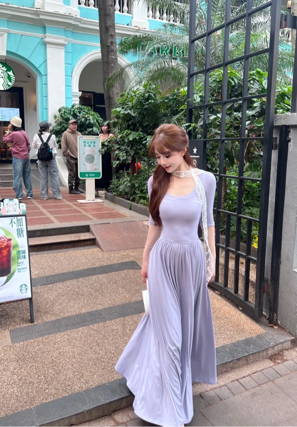 「不觉春枝」芭蕾风连衣裙U领中袖显瘦风琴百褶长裙➕蕾丝丝带#8609