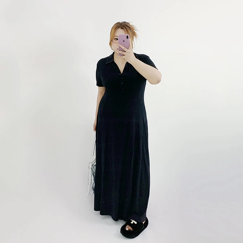 Milu家大码女装夏季v领百搭收腰显瘦纸片人长款连衣裙胖mm小黑裙