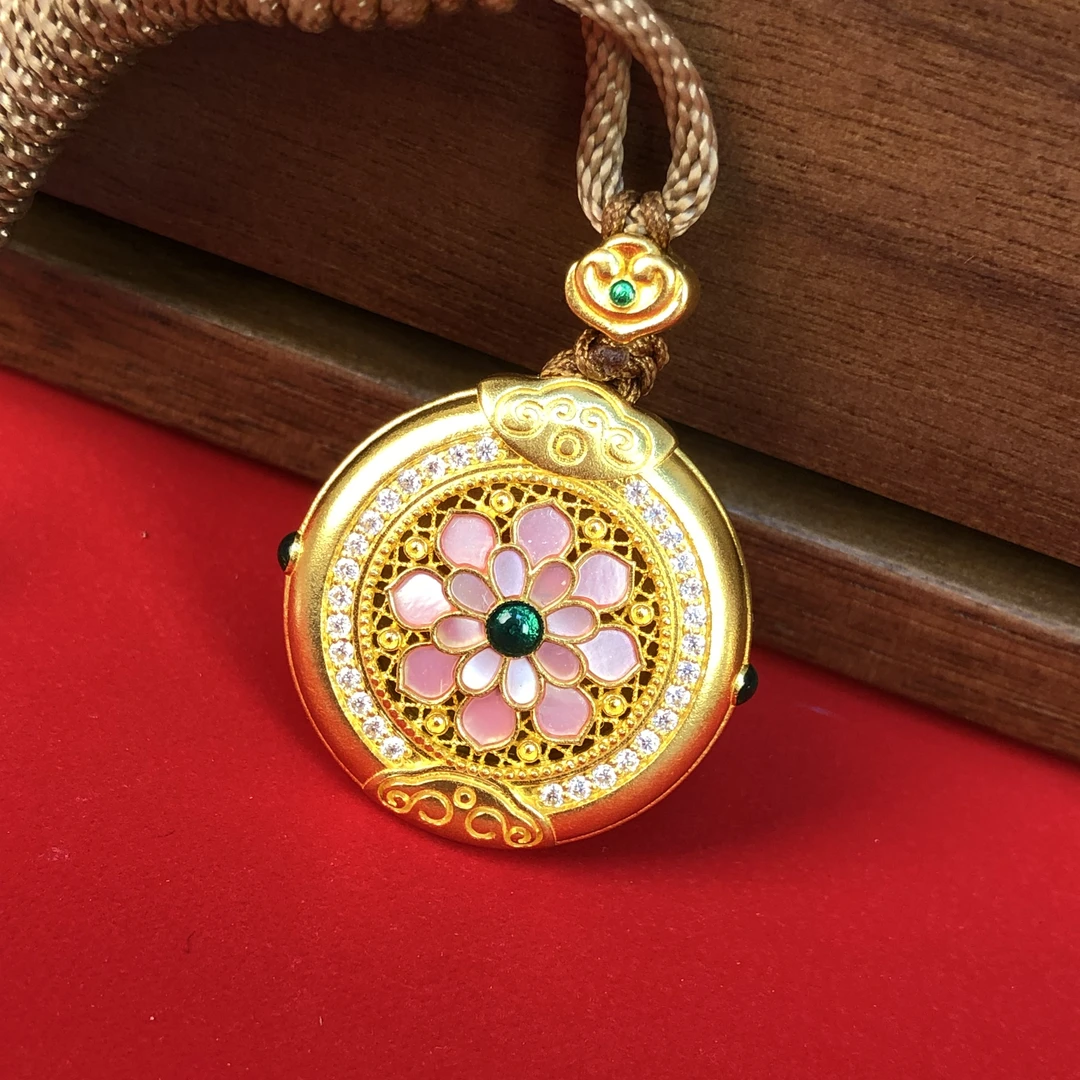 黄金999足金古法螺钿花式吊坠（含绳）定制