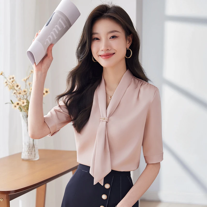 粉色V领雪纺衬衫女上衣2025新款轻奢高级感职业衬衣面试套装薄款