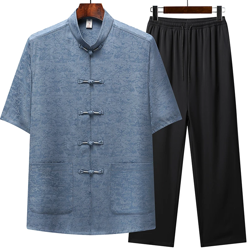 中老年唐装男夏季薄款短袖套装爸爸装中国风宽松休闲爷爷冰丝半袖