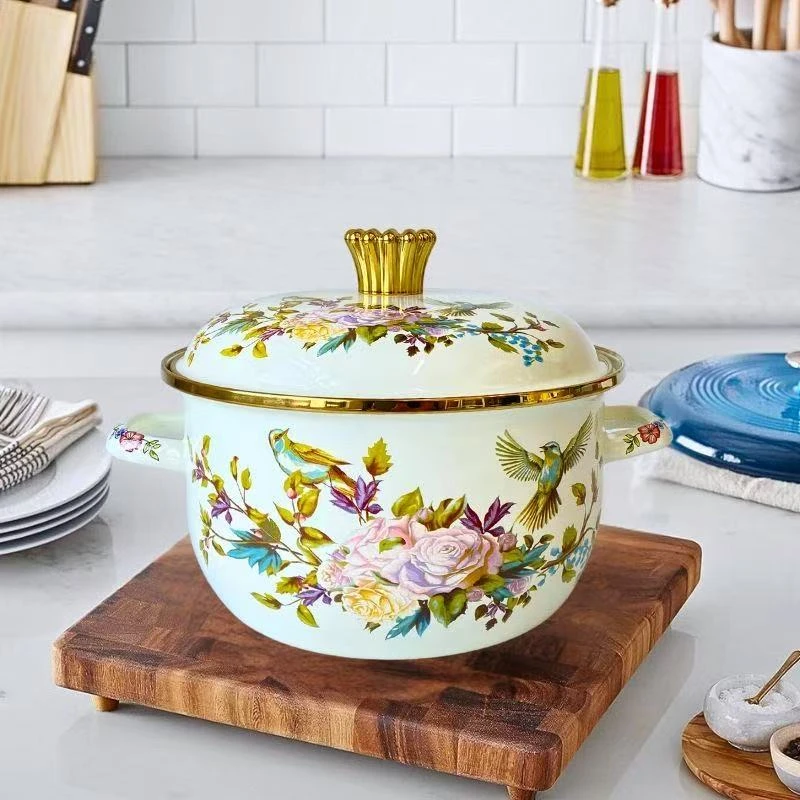 花鸟琳琅锅汤锅 双耳加厚泡面精致煮锅5L*2个