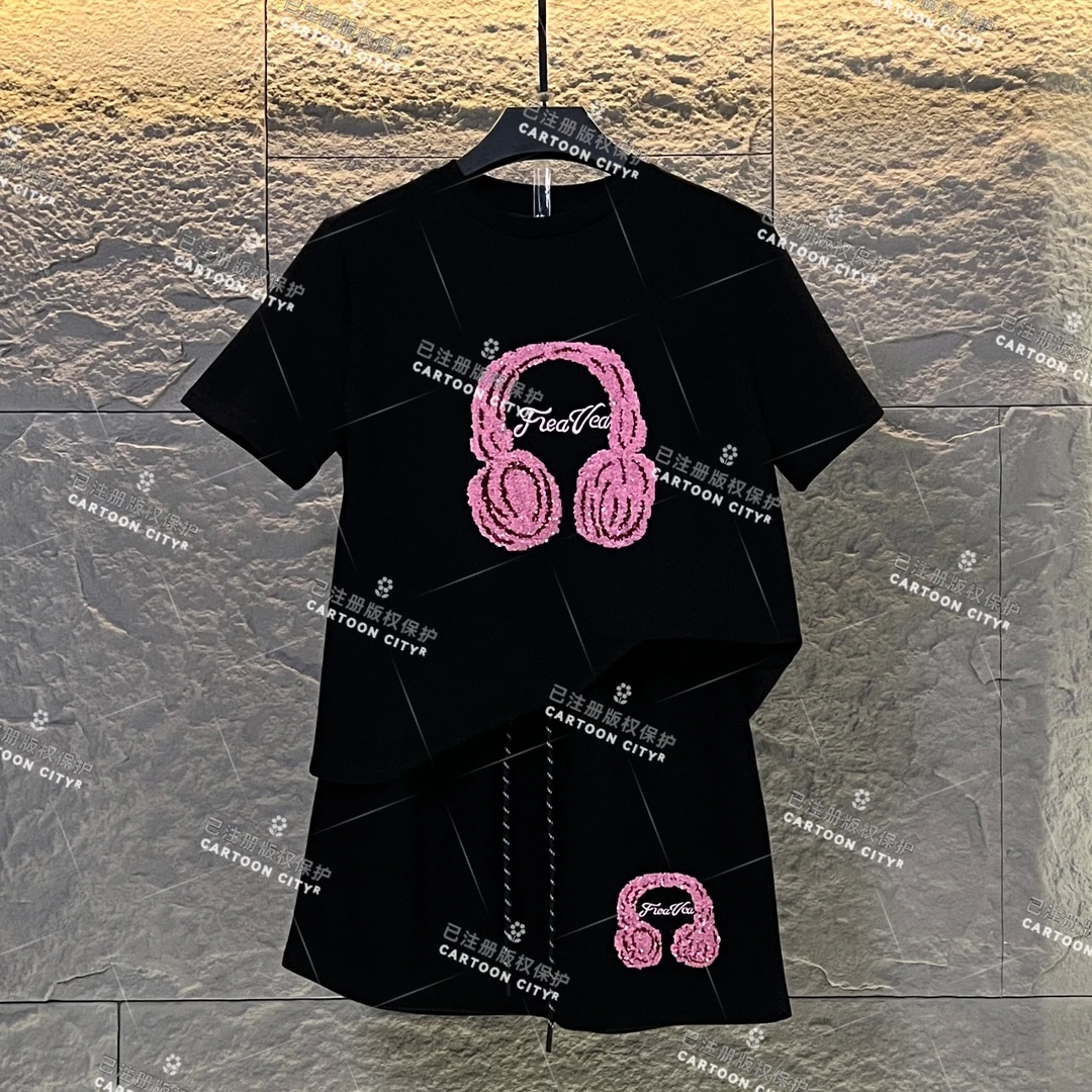 WMA-A89丨<刺绣粉色耳机>宽松版夏季T恤短裙休闲套装