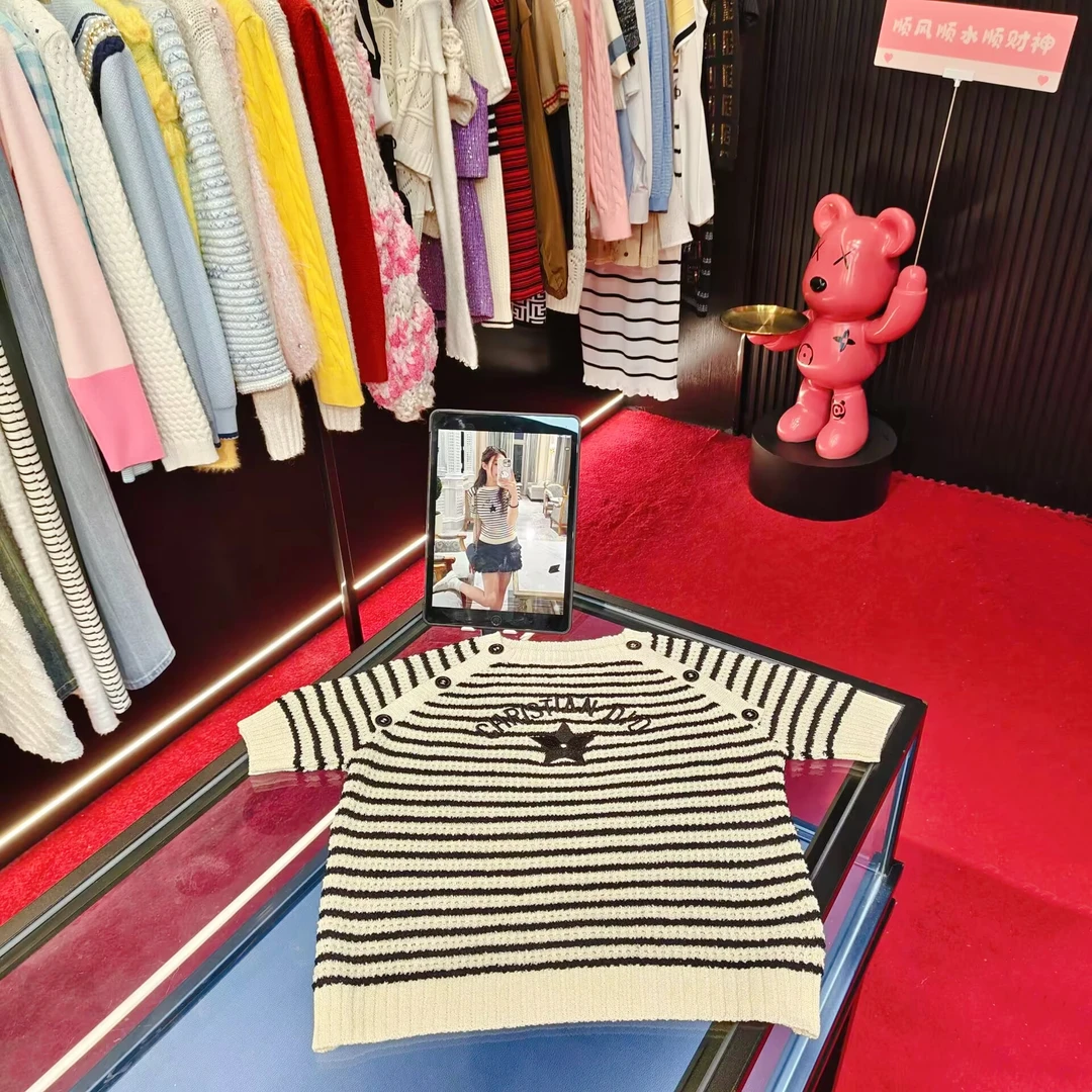 4722 五角星刺绣条纹针织衫圆领短袖显瘦上衣