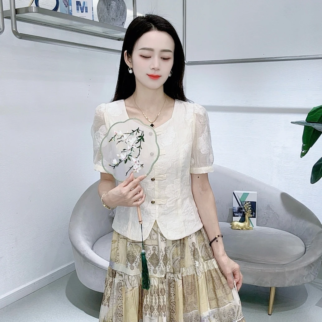 A8377夏季新中式复古盘扣衬衫遮肉减龄清新洋气百搭显瘦上衣