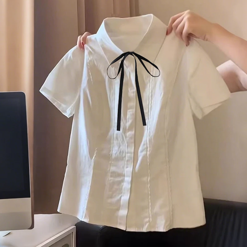 白色短袖衬衫系带蝴蝶结翻领夏设计感小个子学院风JK制服显瘦上衣