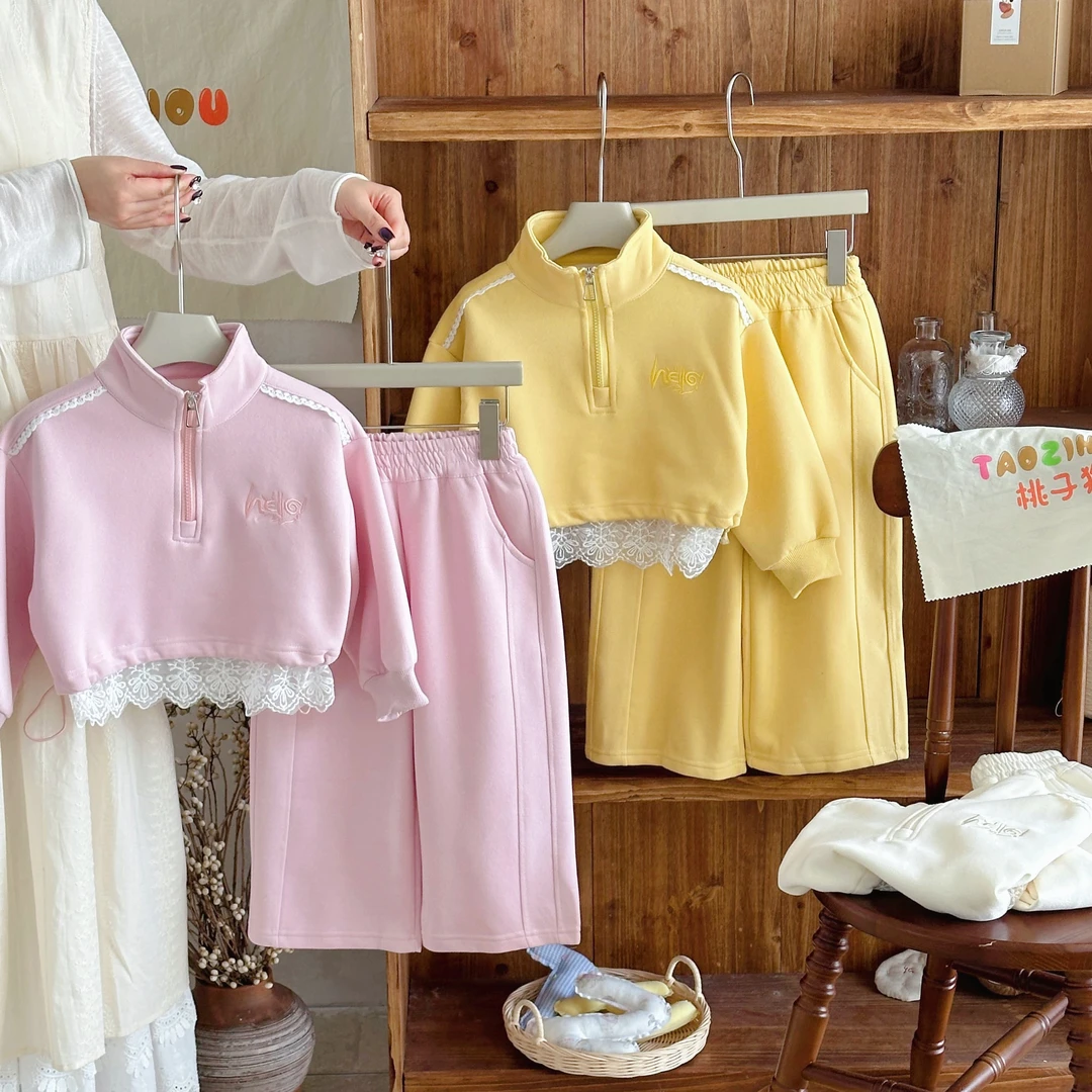 【桃子猴】25年秋冬款女童立领蕾丝卫衣套装HQ25711