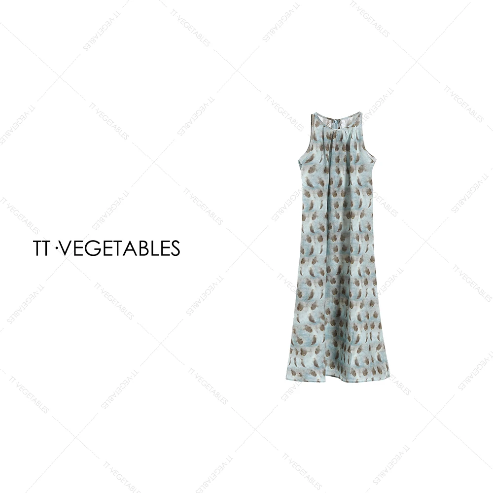 TT・VEGETABLES【序白】蓝花 天丝材质轻奢气质时尚无袖连衣裙512013
