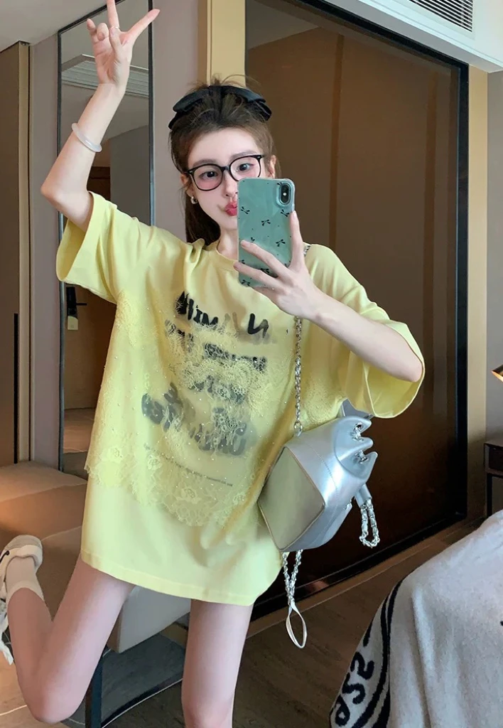 【1667】予#蕾丝拼接钉珠圆领宽松上衣