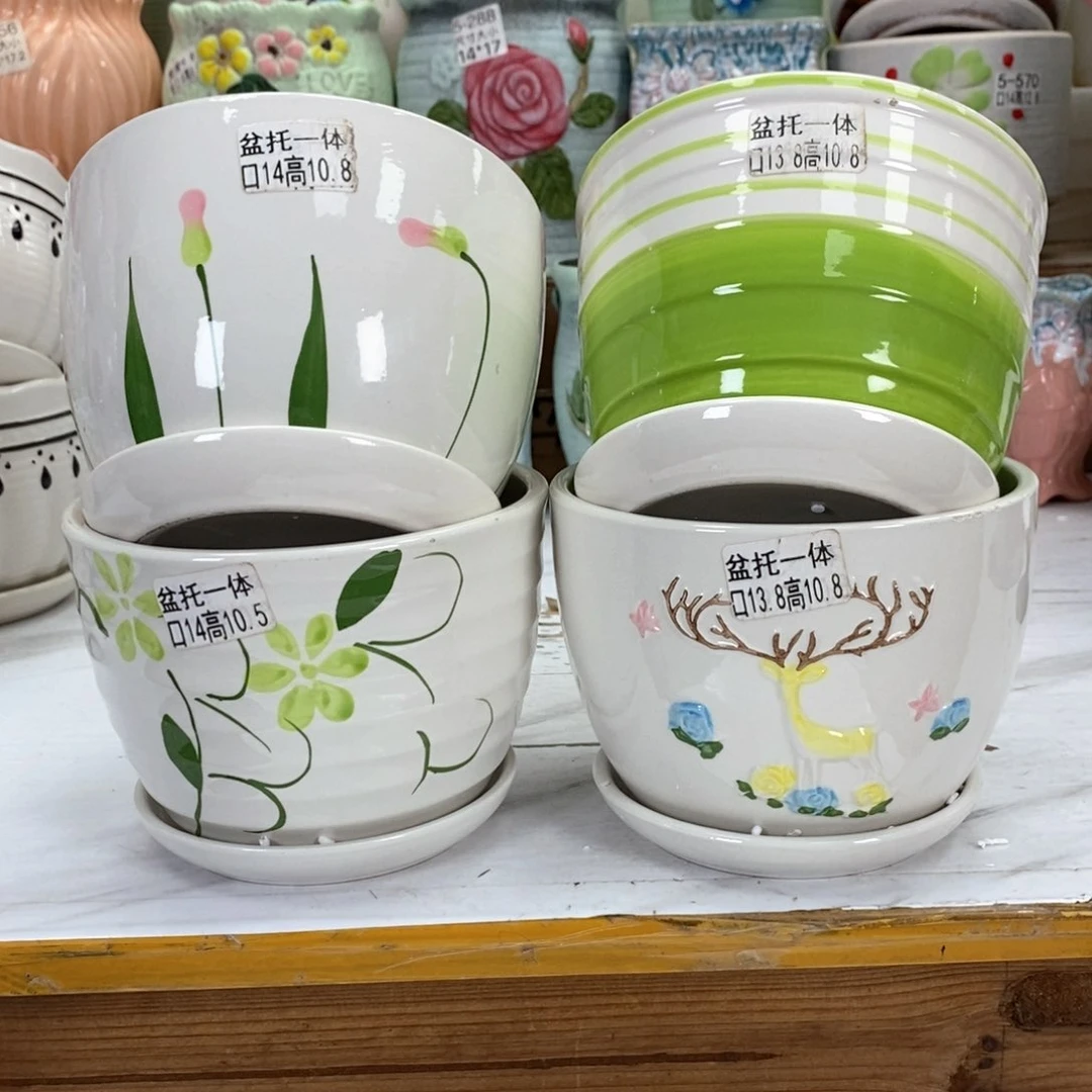 陶瓷@陶瓷花盆@@四个手绘