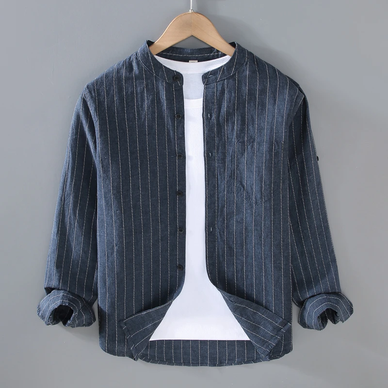 MR.MUDI/穆迪先生日系圆立领长袖亚麻衬衫男装春夏季休闲中式复古