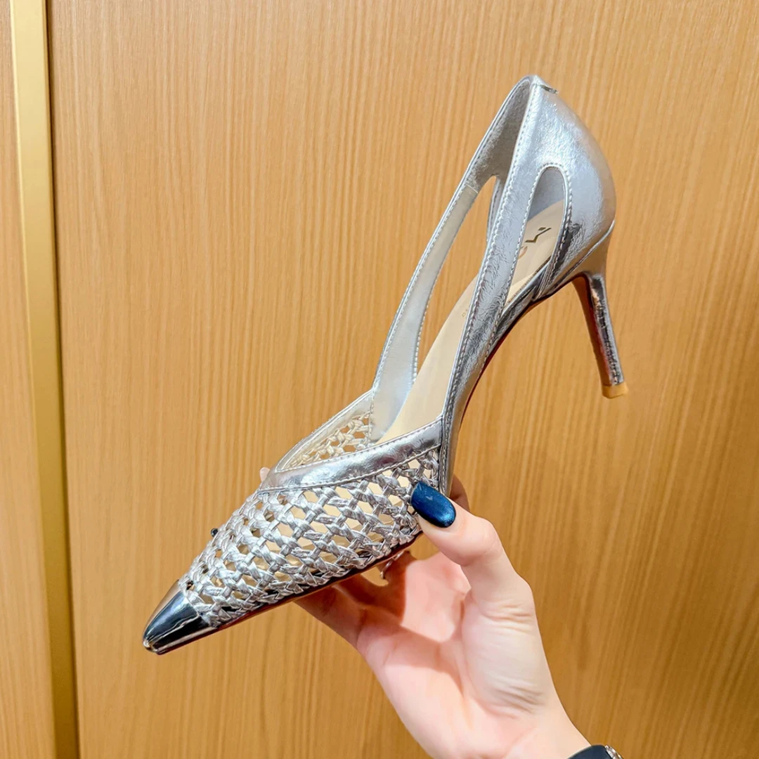 法式细跟浅口高跟鞋女2025夏季新款气质时尚编制镂空尖头女单鞋