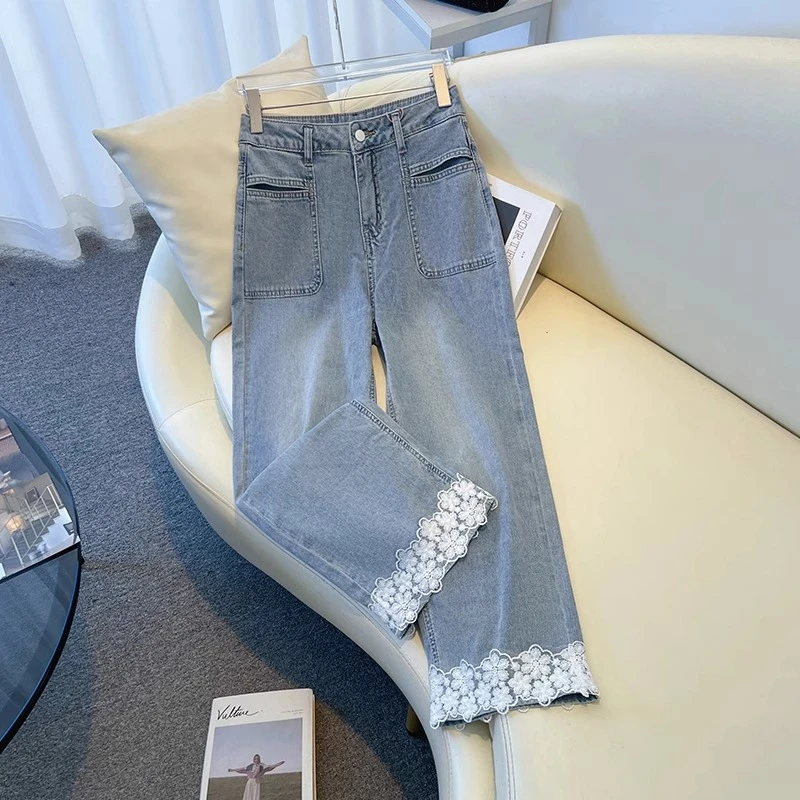 La babite 蕾丝拼接牛仔裤女2025夏季新款窄版显瘦直筒九分阔腿裤