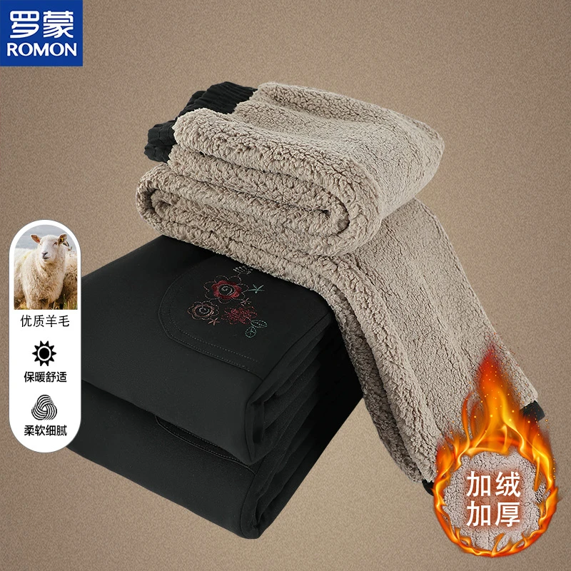 罗蒙品牌秋冬季新款蚕丝羊毛直筒女裤中老年妈妈冬装加绒加厚棉裤