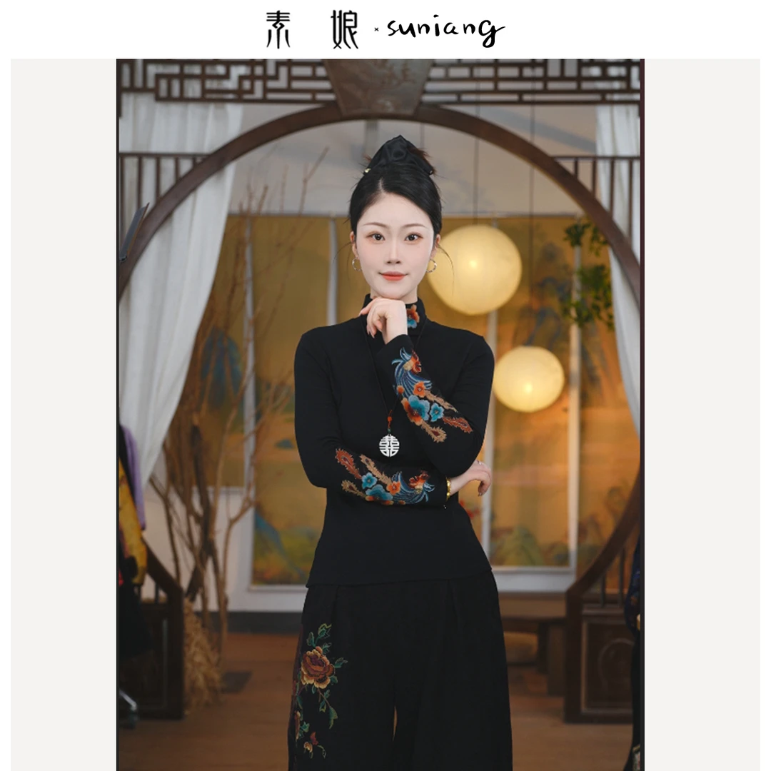 素娘冬季保暖刺绣厚款套头气质半高领长袖打底衫S27578D