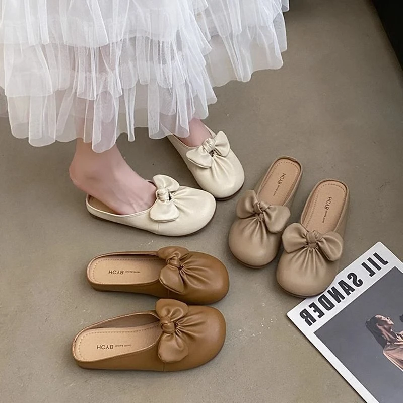 蝴蝶结时尚包拖鞋女外穿夏季2025新款软底防滑轻便懒人铆钉高跟鞋