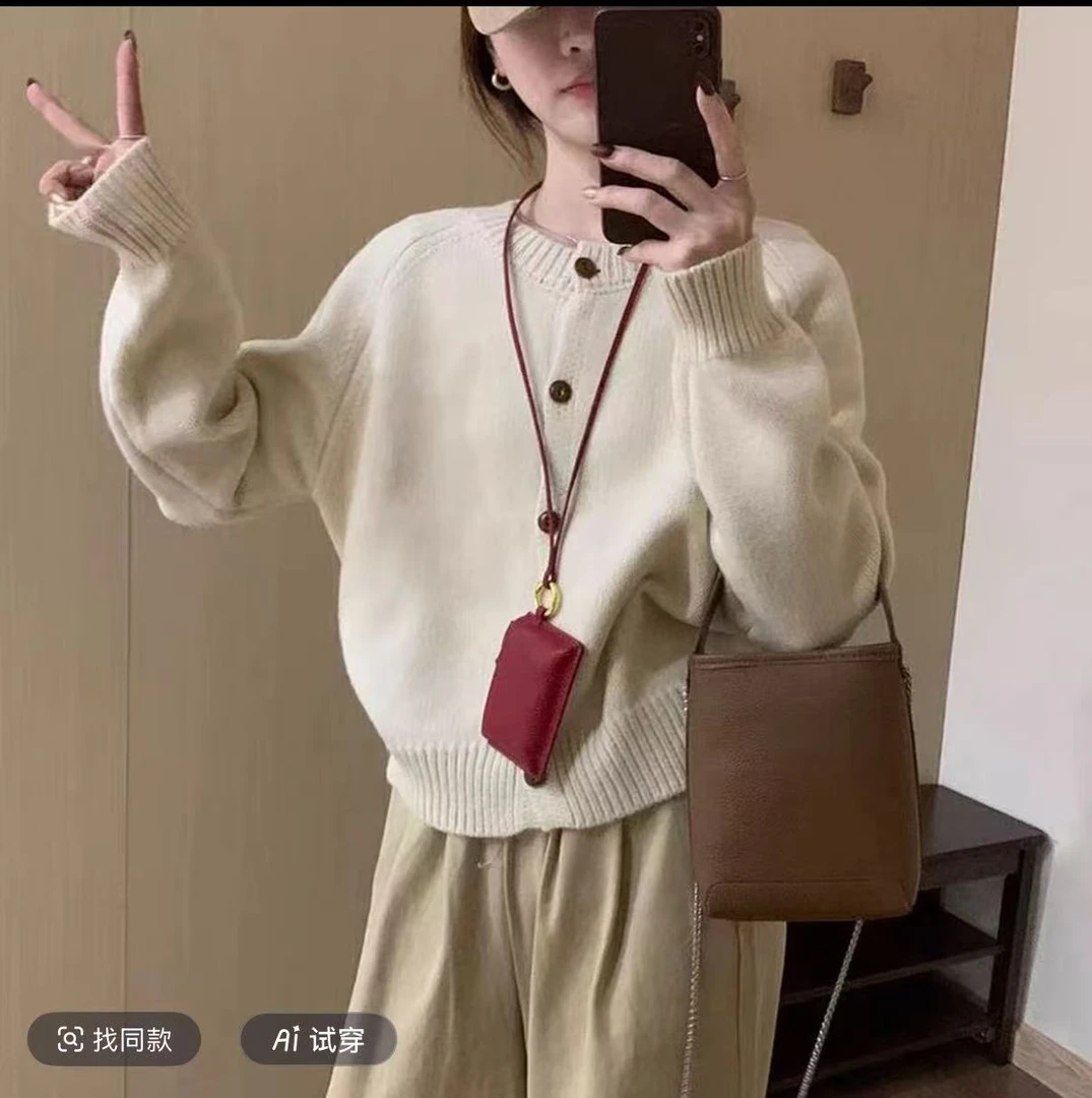 2025秋冬新款韩系复古圆领单排扣毛衣女款小个子短款针织开衫