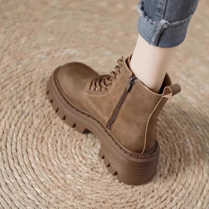 真皮增高厚底马丁靴女2025年春秋新款单靴英伦风机车时尚轻奢短靴