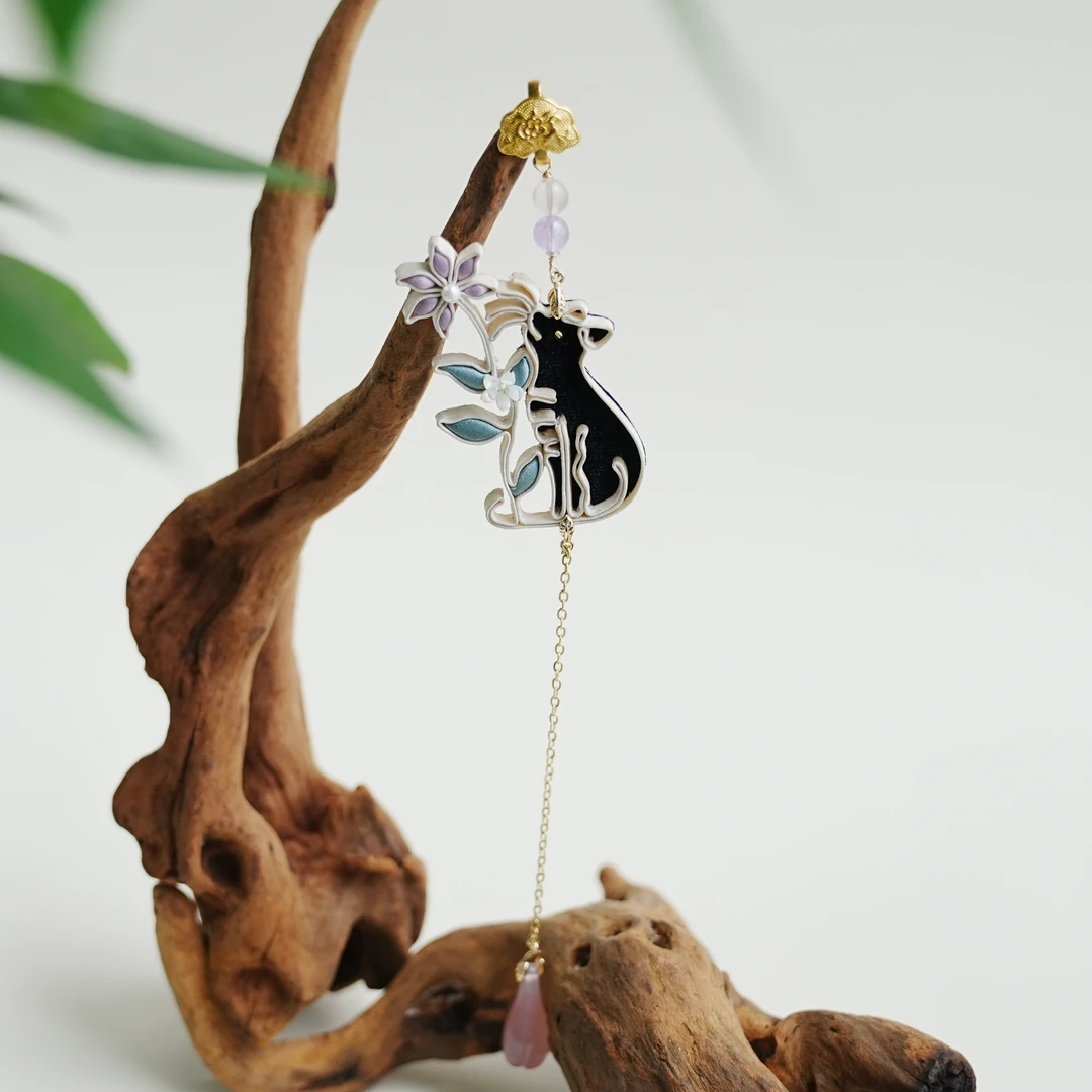 非金属布艺胸针 青寻盘扣「小黑猫」压襟胸针中式旗袍汉服宋锦配饰