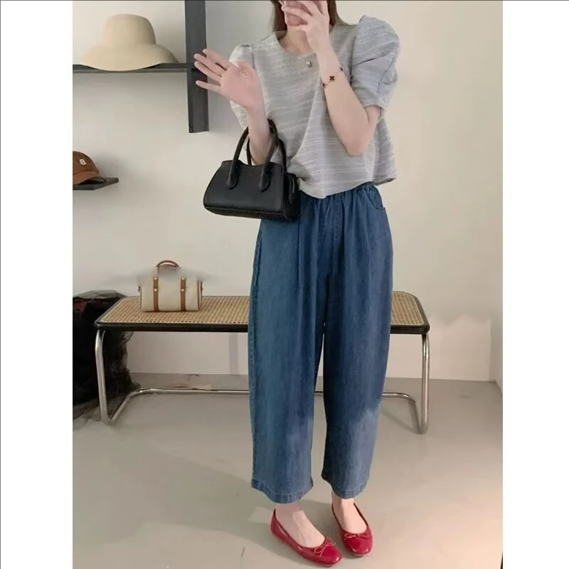 【小李微微胖】阔腿牛仔裤高腰气球裤宽松休闲九分赫本裤