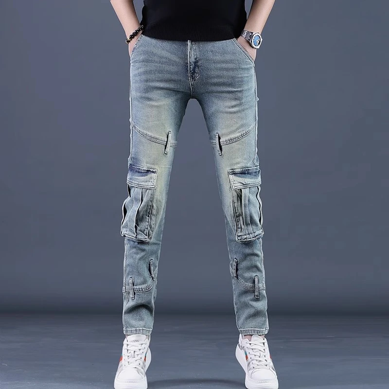 One What高级感夏季新款弹力牛仔裤男士修身束脚休闲复古个性长裤