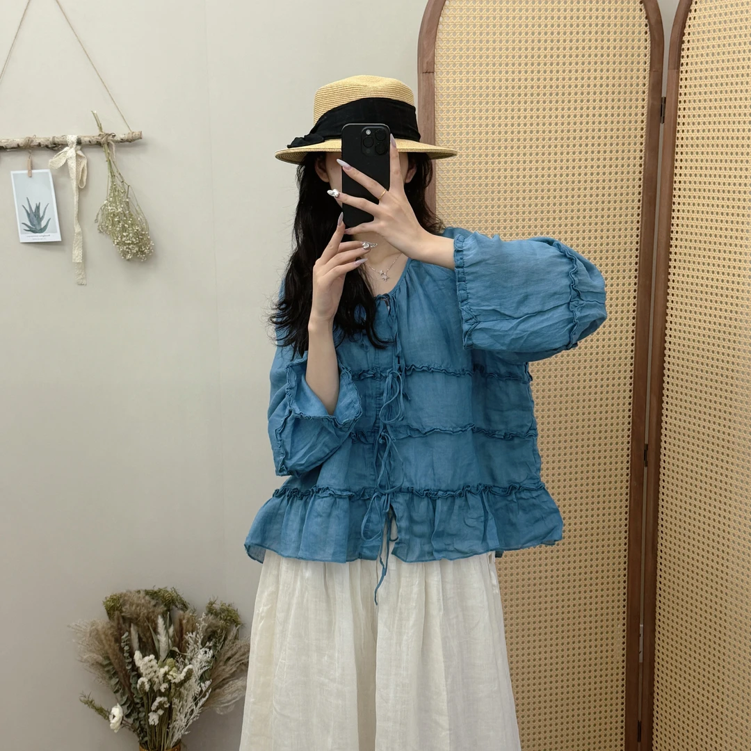 【苏里】夏季纯苎麻立体花边系带小衫女喇叭袖纯色上衣仙气度假风