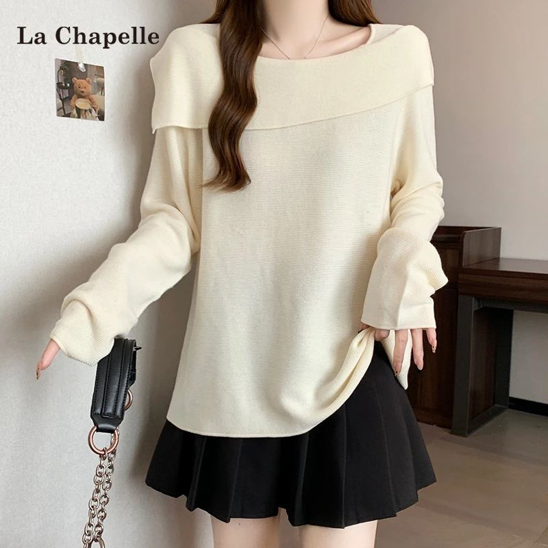 拉夏贝尔长袖针织衫女2025秋季新款胖MM不规则领宽松显瘦T恤上衣