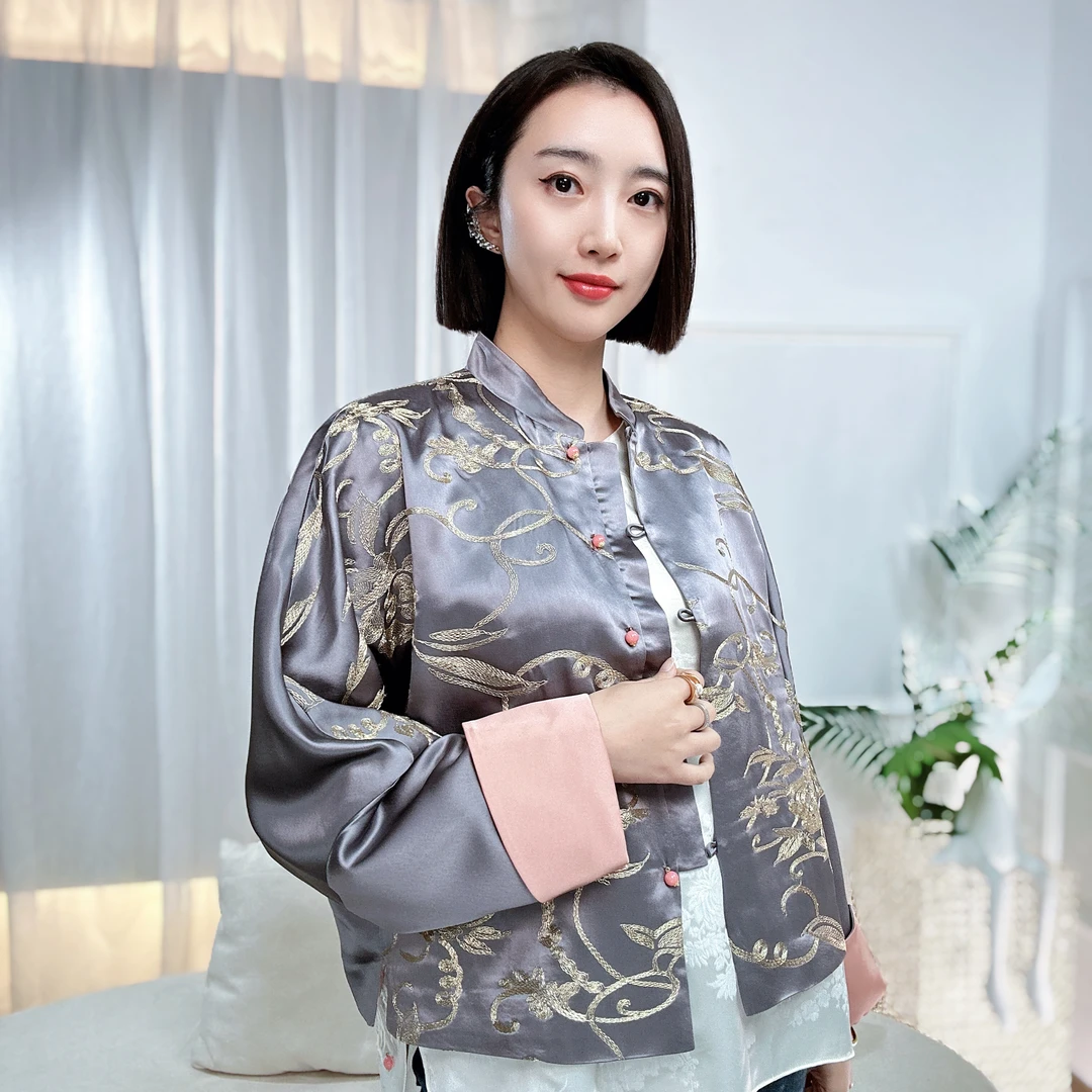 新中式桑蚕丝绣花盘绣长袖时尚中国风宽松春季立领外套HF-870148