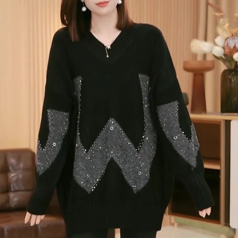 中长款V领毛衣女冬季慵懒风加厚宽松显瘦细闪针织衫时尚气质上衣