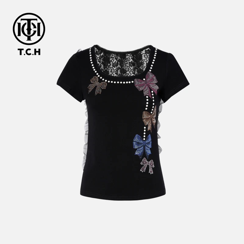 TCH私服烫钻工艺时尚休闲百搭气质蝴蝶结T恤女T75B10E5067轻奢tch