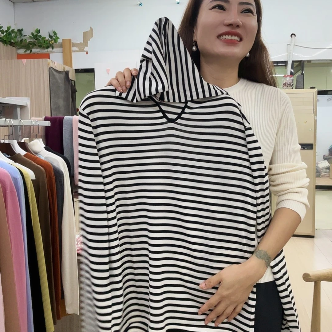 精纺长袖帽衫条纹大码