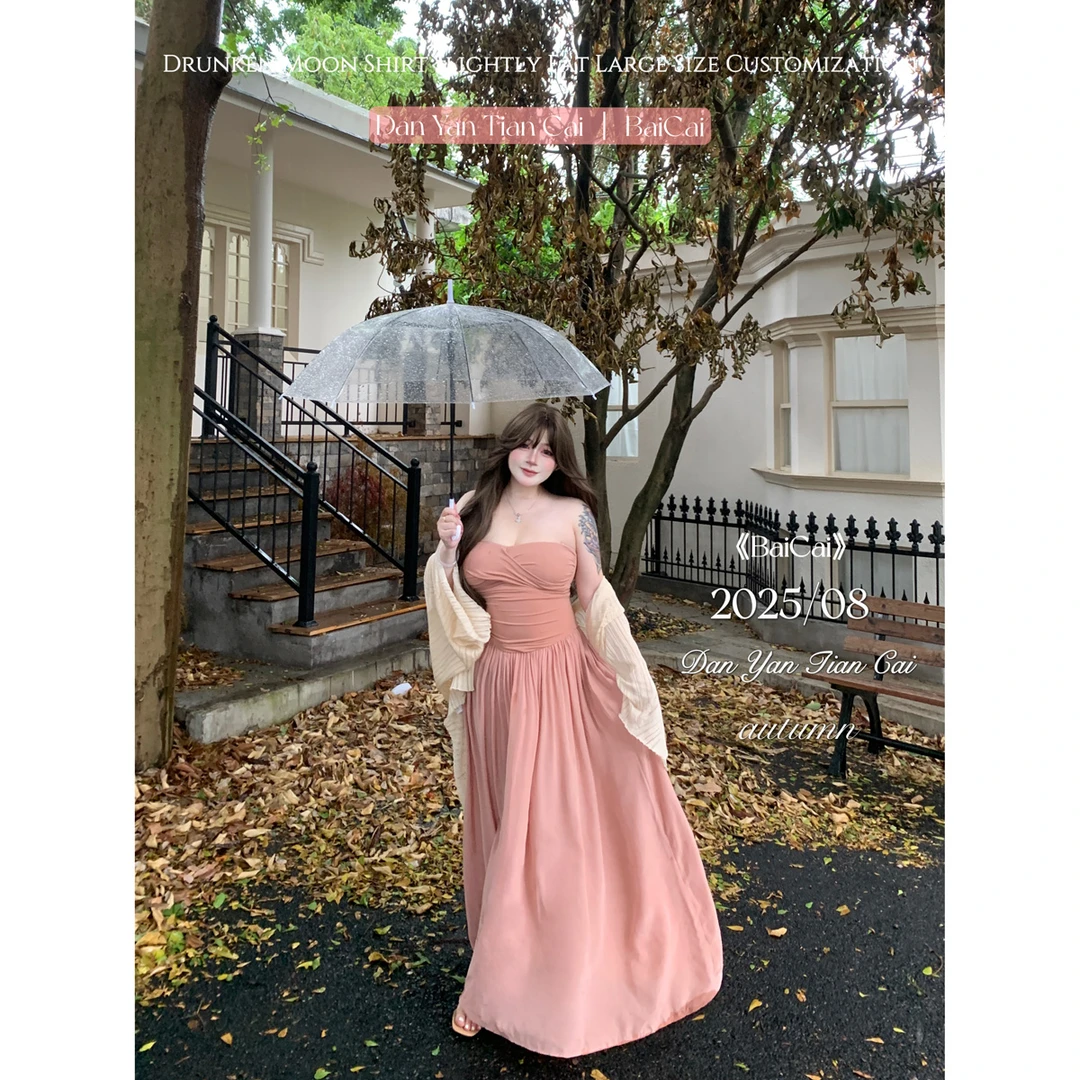 白菜{淡颜天菜}女法式高级感晚礼服绝美收腰气质抹胸粉色连衣裙