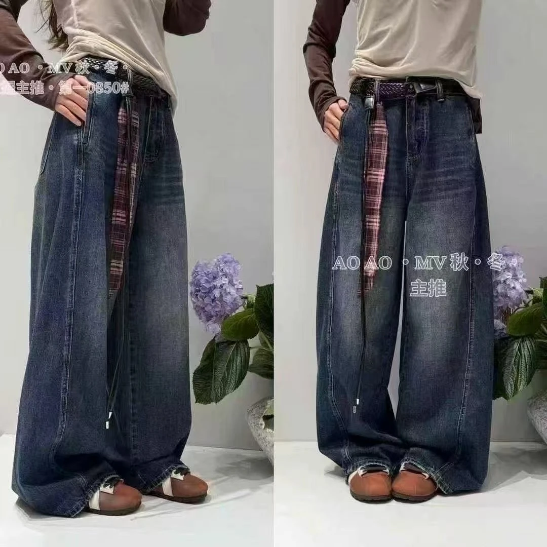 LaChapelle/拉夏贝尔秋季女新款设计感宽松配腰带直筒牛仔裤高腰