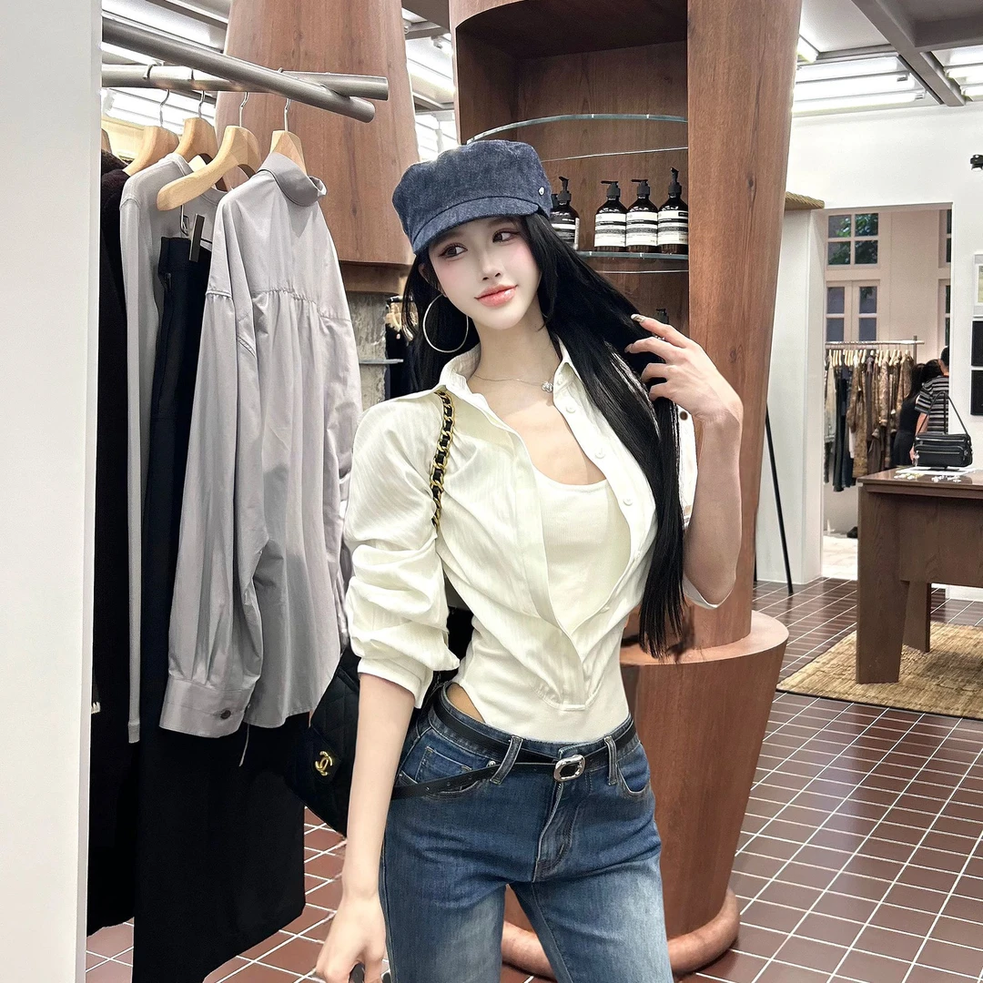 修身假两件连体衬衫夏季法式薄款收腰显瘦百搭别致外穿衬衣女装潮
