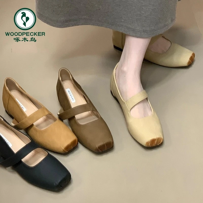 啄木鸟法式方头一字带玛丽珍鞋女鞋2025新款复古内增高芭蕾舞单鞋