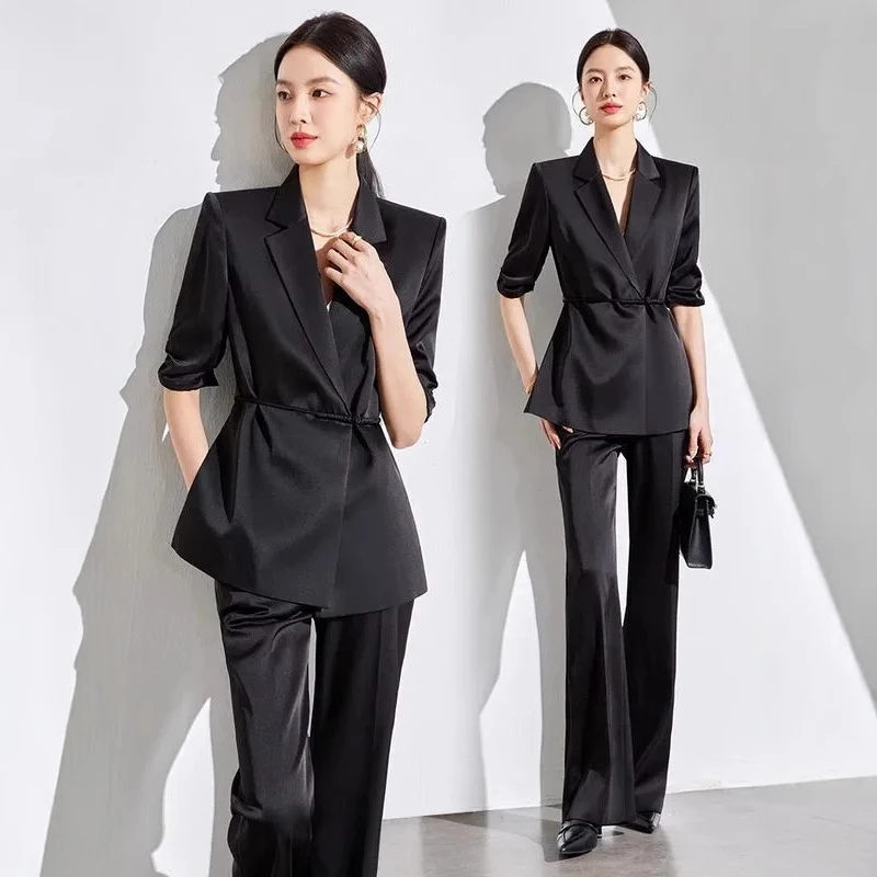 新中式国风套装夏季薄款高级醋酸白色西服外套西装套装女2024新款