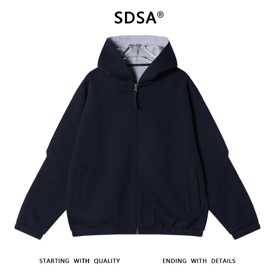 SDSA秋冬新款痞帅男装韩版简约纯色褶皱拉链连帽卫衣百搭宽松外套
