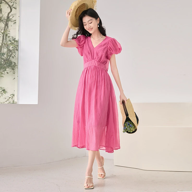 Q4051464连衣裙 香影系带V领连衣裙夏季新款花苞袖洋气衣服女