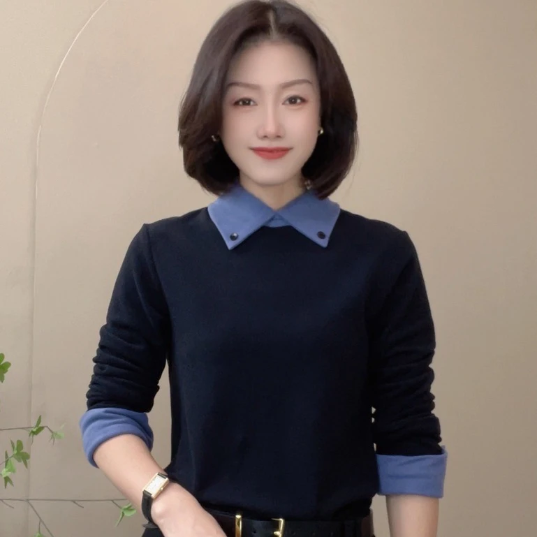 320秋冬新款拼色长袖时尚百搭小衫女士气质翻领显瘦修身打底衫女